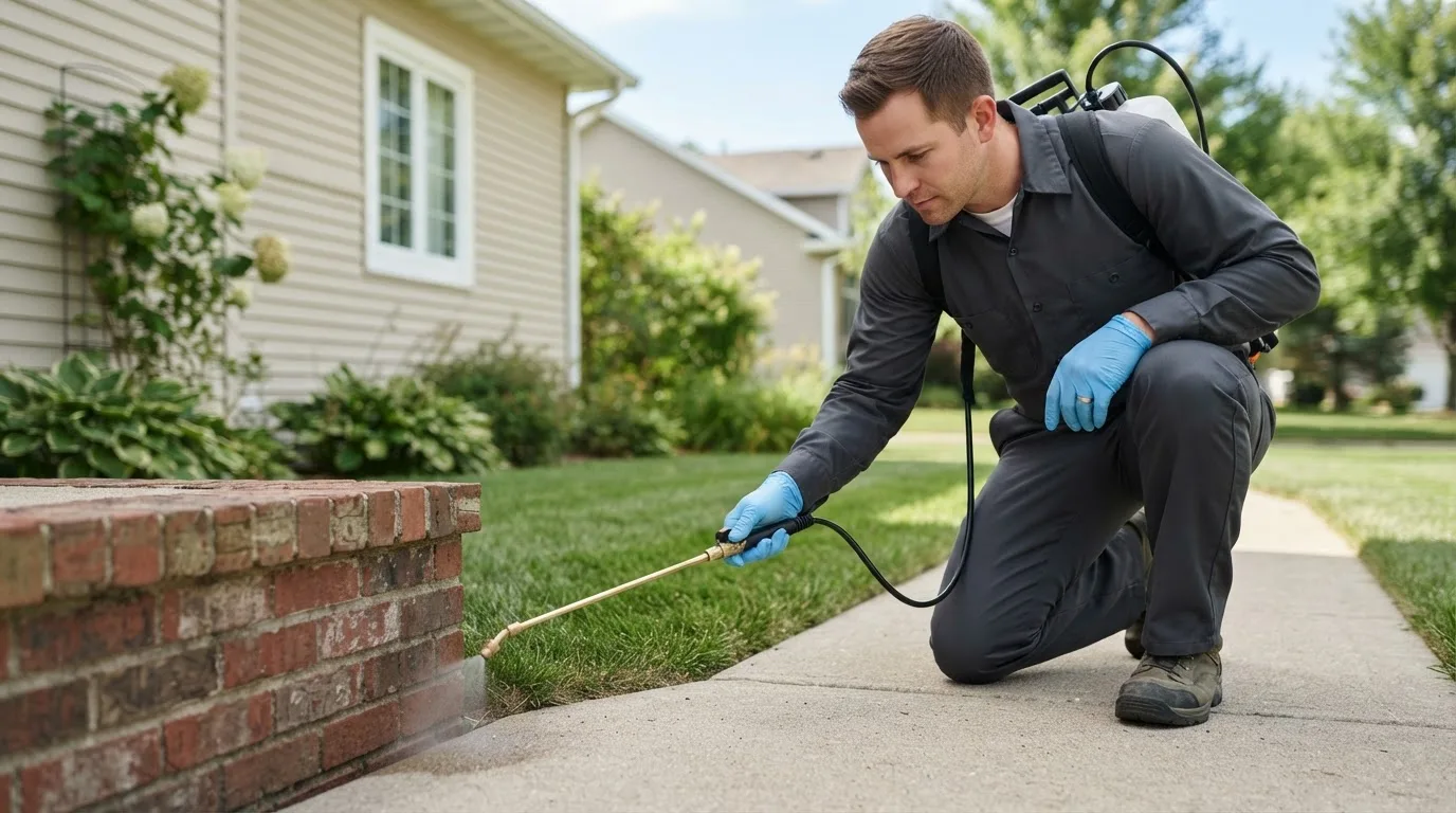 Pest control technician treating a home near Morongo Valley, CA